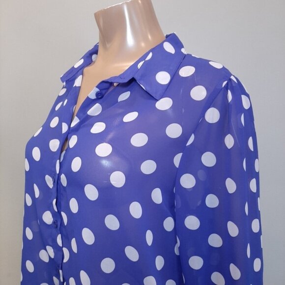 George Polka Dot Blouse Sheer Buttoned Long Sleeve Tie Cuff Flowy Top - Picture 4 of 15